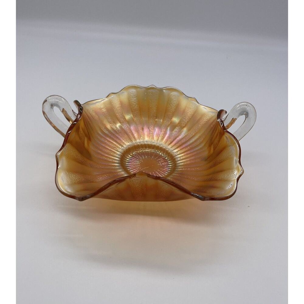 Marigold Carnival Glass 2 Handled Candy Dish Ruffled Edge